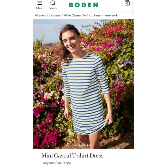 BODEN Mini Casual T-shirt Dress - Ivory & Blue 3/4‎ Sleeve Dress Size 4 US EUC - Picture 12 of 14